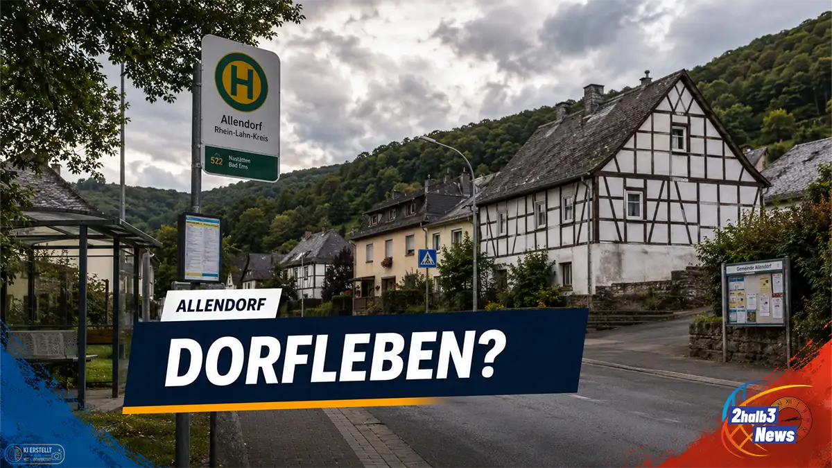 Fotorealistisches Startseitenbild zu Allendorf: Eine ländliche Dorfstraße mit Bushaltestelle, Fachwerkhäusern und bewaldeten Hügeln im Hintergrund. Im Vordergrund steht die Schlagzeile „Dorfleben?“ im 2halb3-Design.