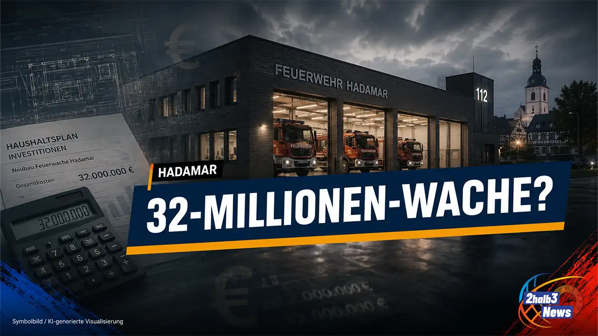2halb3-Teaserbild zum geplanten Feuerwehrhaus in Hadamar mit moderner Feuerwache, Einsatzfahrzeugen, Haushaltsunterlagen und der Schlagzeile „32-Millionen-Wache?“.