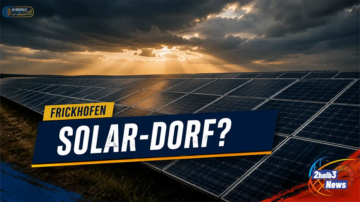 2halb3-Grafik zu den Solarplänen in Frickhofen. Im Hintergrund ist ein großes Solarfeld unter dunklen, aufreißenden Wolken zu sehen. Darüber steht in großer weißer Schrift „Solar-Dorf?“, ergänzt durch das gelbe Ortslabel „Frickhofen“. Am unteren Rand werden die Themen PV-Pläne, Flächen und offene Fragen zu Auswirkungen, Verträgen und Transparenz hervorgehoben.