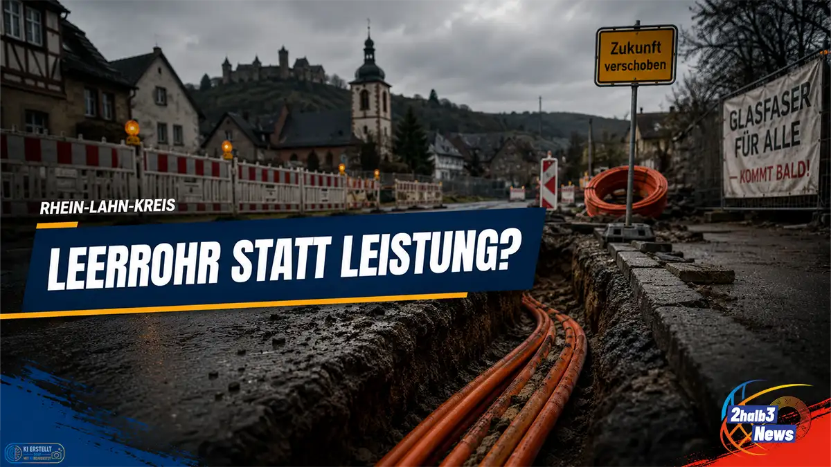 Glasfaser-Ausbau im Rhein-Lahn-Kreis: Aufgerissene Straße mit orangefarbenen Leerrohren, Baustellenabsperrungen und der Headline „Leerrohr statt Leistung?“.