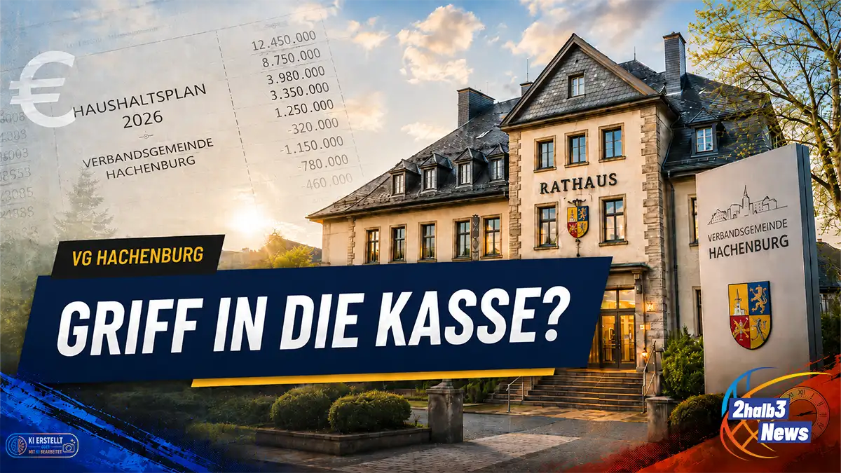 Startseiten-Teaserbild im 2halb3-Stil: Das Rathaus der Verbandsgemeinde Hachenburg ist vor hellem Himmel zu sehen. Darüber liegen transparente Haushaltszahlen und ein Euro-Symbol. Im Vordergrund steht auf einem dunkelblauen Balken die Frage „Griff in die Kasse?“, ergänzt durch das Ortslabel „VG Hachenburg“ und das 2halb3-News-Logo.