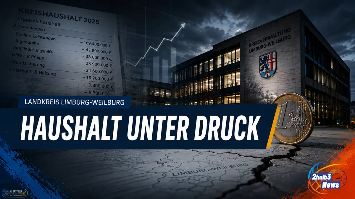 Dunkle 2halb3-Teasergrafik zum Kreishaushalt Limburg-Weilburg: Kreisverwaltung, Euro-Münze, Haushaltszahlen und die Schlagzeile „Haushalt unter Druck“.