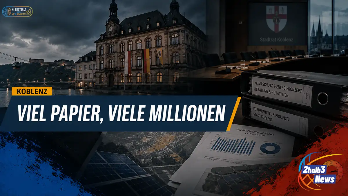 Dunkles, cineastisches Teaserbild zu Koblenz: Rathaus, Stadtratssaal, Aktenordner und Unterlagen zu Klimaschutz, Fördermitteln und Energieprojekten. Große Schlagzeile: „Viel Papier, viele Millionen“.