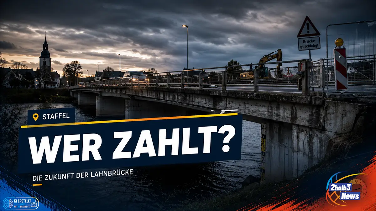 2halb3-Grafik zur Lahnbrücke Staffel mit Warnschild, Kostenakten und der Frage „Wer zahlt?“.