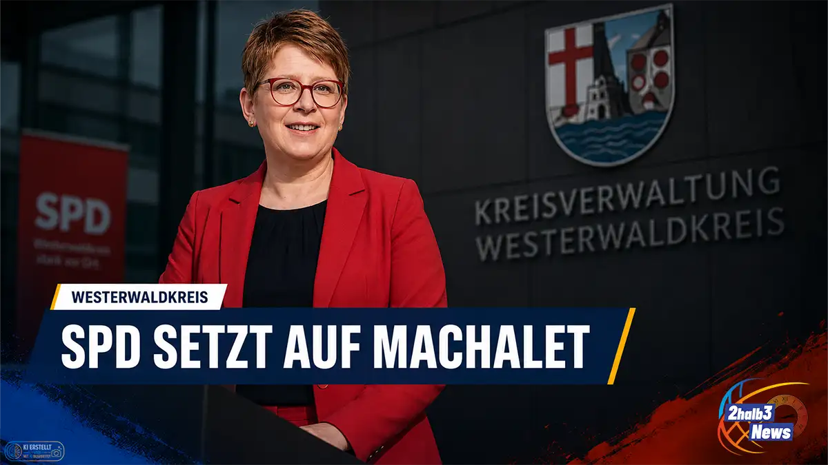 Tanja Machalet steht in rotem Hosenanzug an einem Rednerpult vor einer dunklen Kulisse der Kreisverwaltung Westerwaldkreis. Im Bild steht: „SPD setzt auf Machalet“.