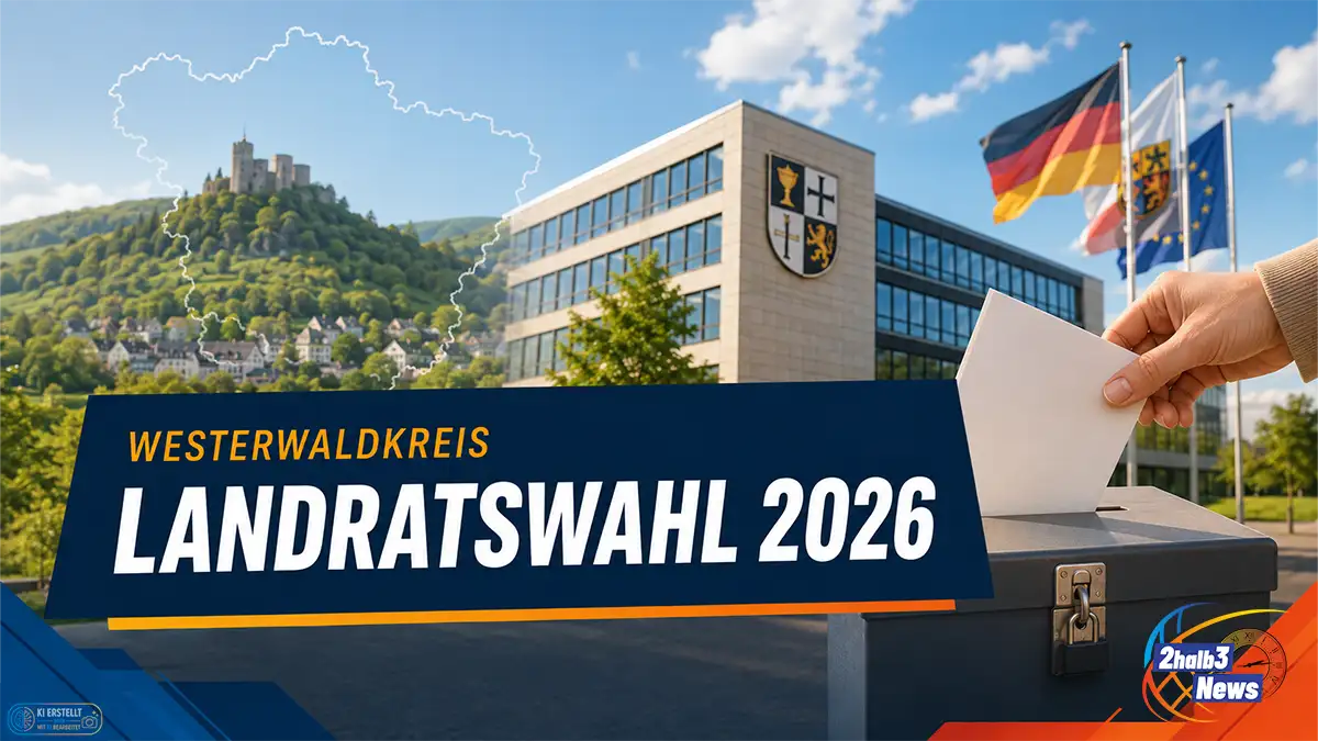 Grafik zur Landratswahl 2026 im Westerwaldkreis mit Wahlurne, Kreisverwaltung und Westerwald-Landschaft.