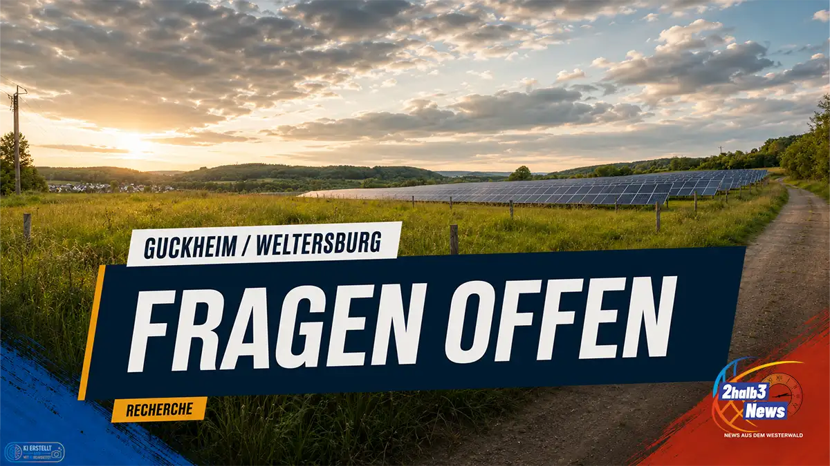 Grafik zum Solarpark Weltersburg-Guckheim: Wiesenlandschaft mit PV-Anlage, dunkler 2halb3-Grafikfläche und der Überschrift „Fragen offen“.