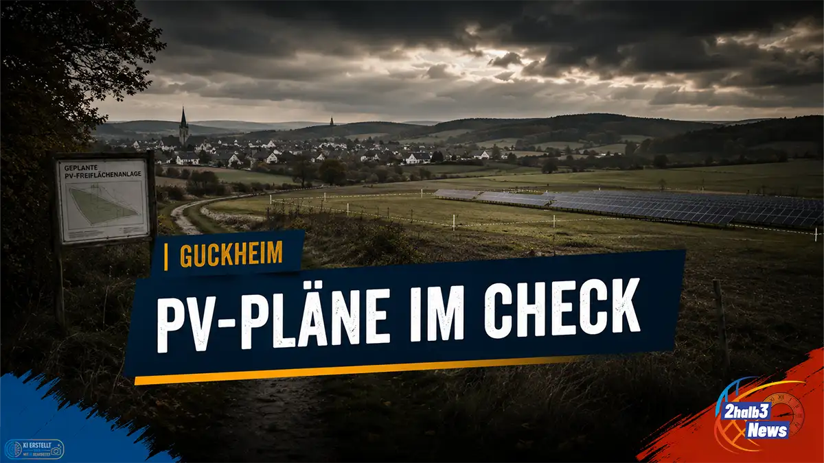 Startseiten-Teaser zur PV-Anlage Guckheim mit dunkler Dorfkulisse, Solarfeld und 2halb3-Recherche-Branding.