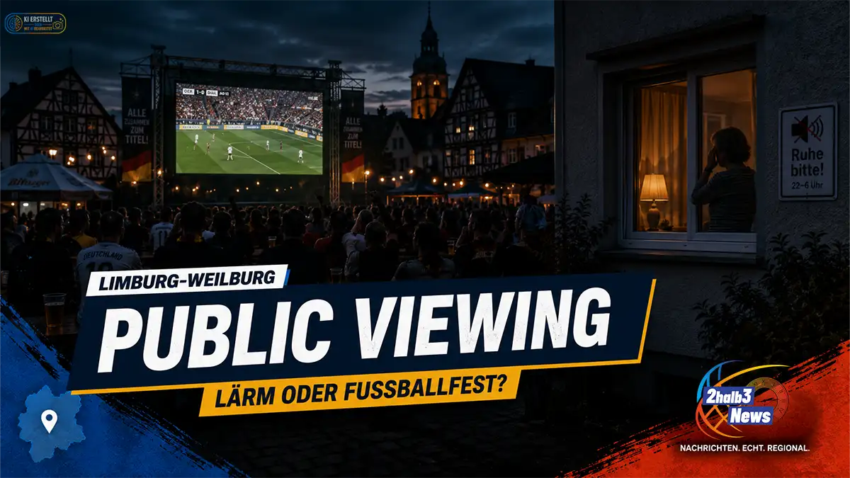 Teaserbild von 2halb3 zum Thema Public Viewing: Eine nächtliche Fußballübertragung auf einer großen Leinwand steht einer Wohnhausszene mit „Ruhe bitte“-Hinweis gegenüber. Text im Bild: „Limburg-Weilburg – Public Viewing – Lärm oder Fußballfest?“