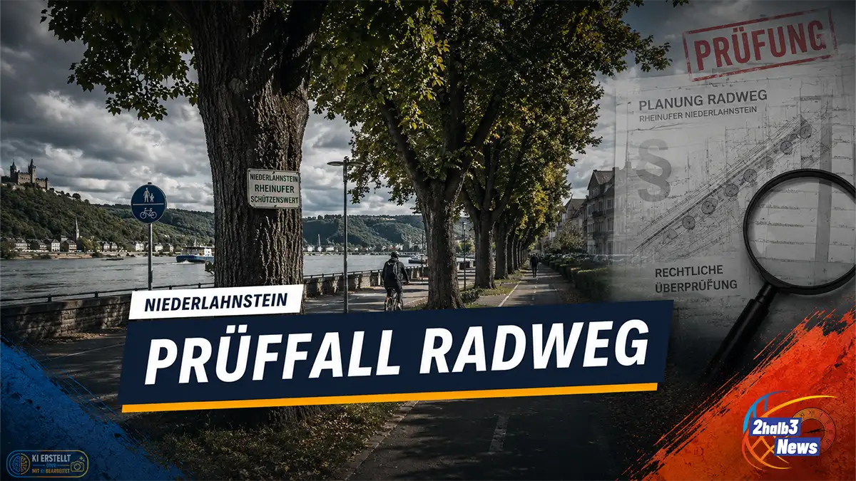 Dramatische 2halb3-Grafik zum Radweg Niederlahnstein mit Baumreihe, Prüfvermerk und Schriftzug „Prüffall Radweg“.