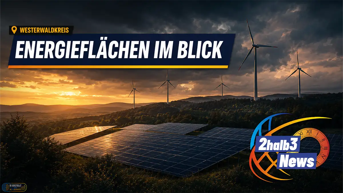 Dunkle redaktionelle Grafik zum Thema Windkraft und Photovoltaik im Westerwaldkreis mit Hinweis auf eine 2halb3-Recherche.