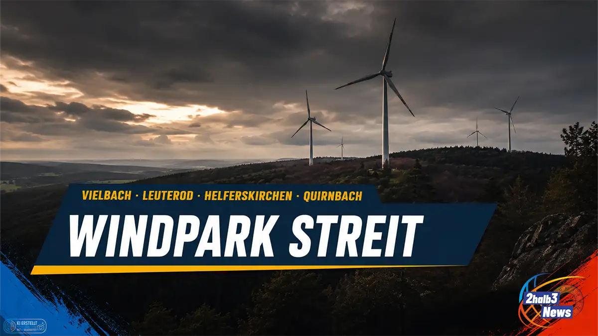 Dramatische Westerwald-Landschaft mit mehreren Windrädern auf einem bewaldeten Höhenzug; darüber die Schlagzeile „Windpark Streit“ und die Orte Vielbach, Leuterod, Helferskirchen und Quirnbach im 2halb3-News-Design.