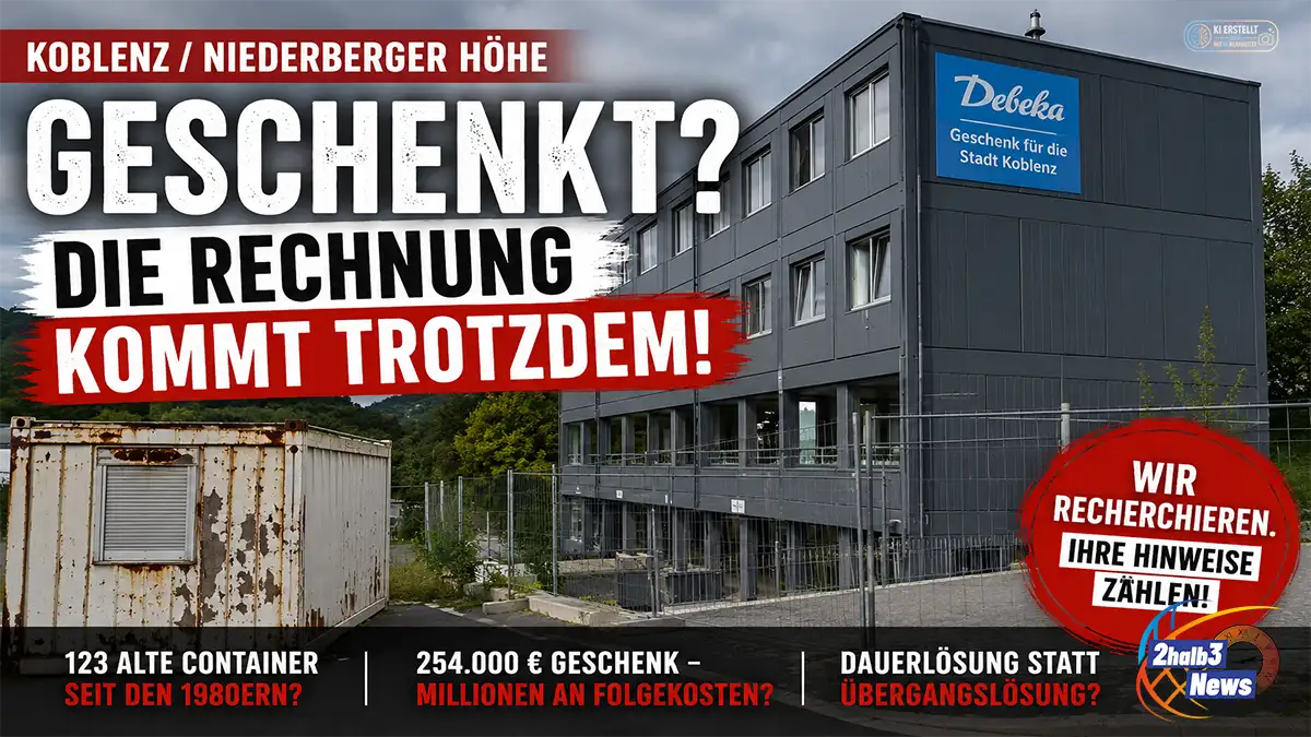 Grafik zur Recherche von 2halb3 über neue Wohnmodule für Geflüchtete auf der Niederberger Höhe in Koblenz. Im Bild stehen ein neues Modulgebäude und ein alter, rostiger Container gegenüber. Große Schrift fragt: „Geschenkt? Die Rechnung kommt trotzdem.“