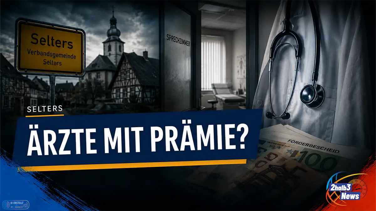 2halb3-Teaserbild zu Selters: Ortsschild, Arztpraxis, Stethoskop, Förderbescheid und Euro-Scheine mit der Schlagzeile „Ärzte mit Prämie?“.