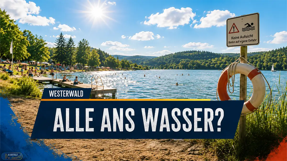 Sommerliche Badesee-Szene im Westerwald mit blauem Himmel, weißen Wolken, Badenden im Wasser, einem Steg und einem Warnschild „Keine Aufsicht – Baden auf eigene Gefahr“. Im Vordergrund steht die 2halb3-Grafik mit der Headline „Alle ans Wasser?“.