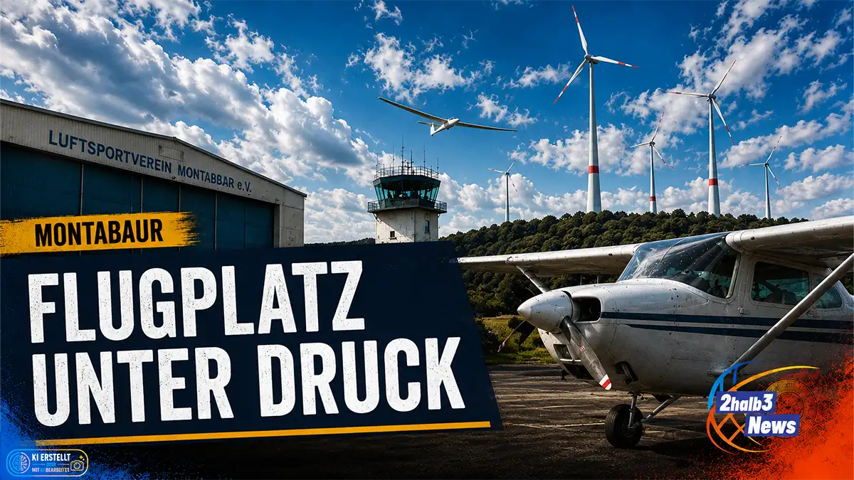 Flugplatz Montabaur mit Kleinflugzeug, Tower und Windrädern im Hintergrund. Text: „Flugplatz unter Druck“.