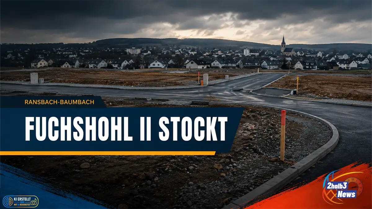 Dramatische 2halb3-Grafik zum Neubaugebiet Fuchshohl II in Ransbach-Baumbach: Baustellenfläche, dunkler Himmel, große Schlagzeile „Fuchshohl II stockt?“ und Hinweise auf Bauplätze, Erschließung und offene Bürgerfragen.
