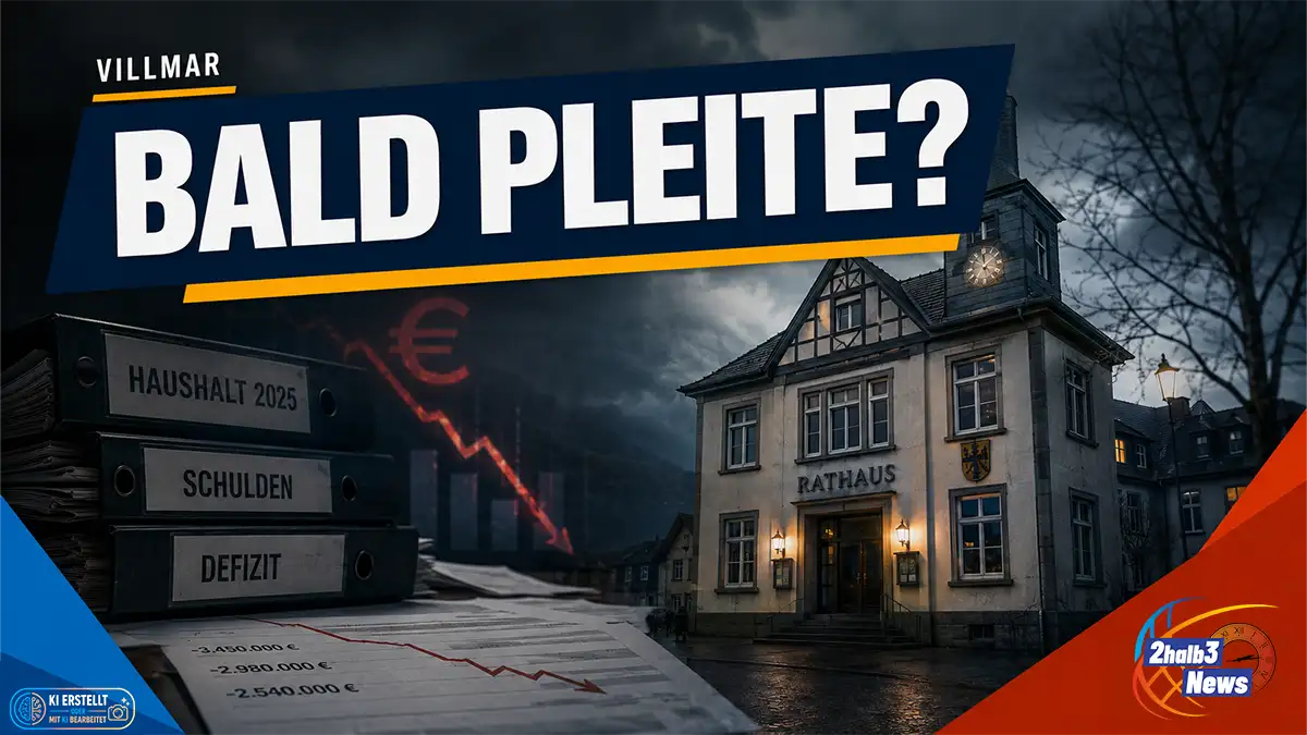 Dunkles 2halb3-Teaserbild zur Finanzlage in Villmar mit Rathaus, Haushaltsordnern, fallender Finanzkurve und der Schlagzeile „Bald pleite?“.