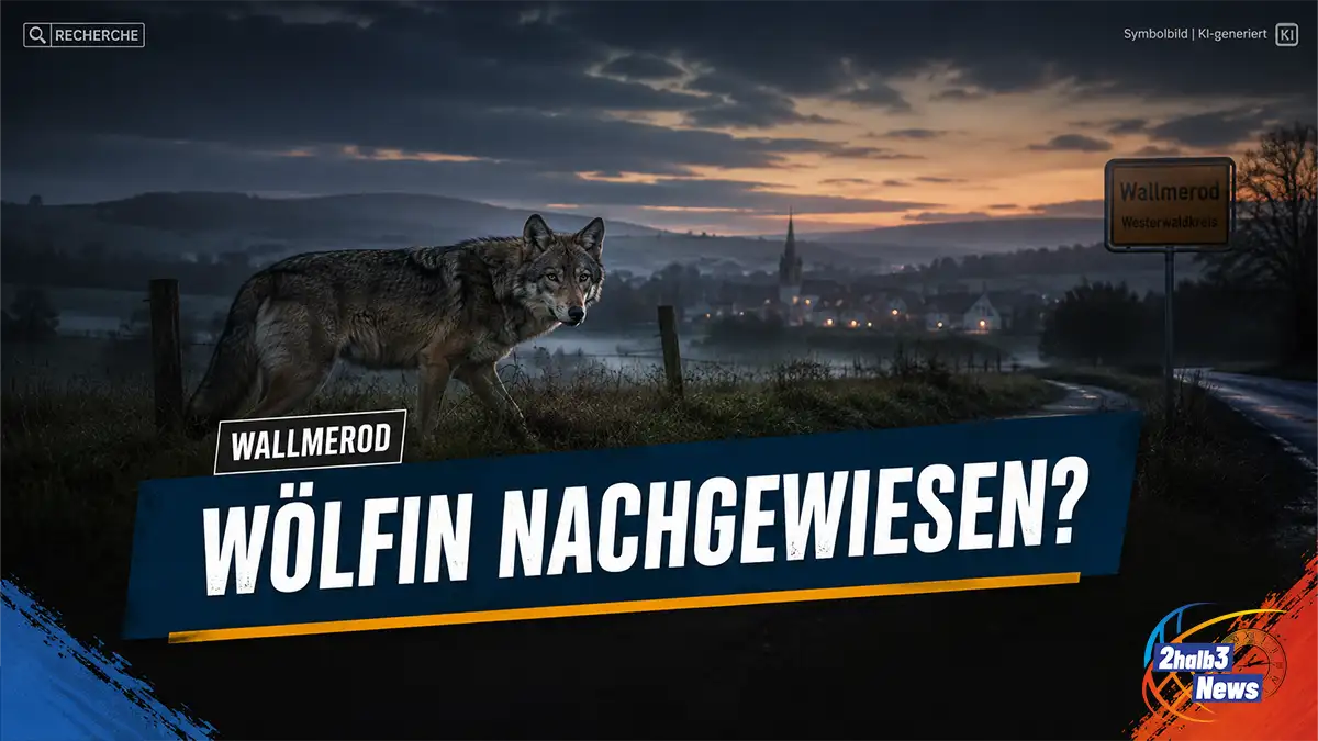 Symbolbild: Wölfin vor dunkler Westerwald-Landschaft bei Wallmerod mit 2halb3-Teaser „Wölfin nachgewiesen?“