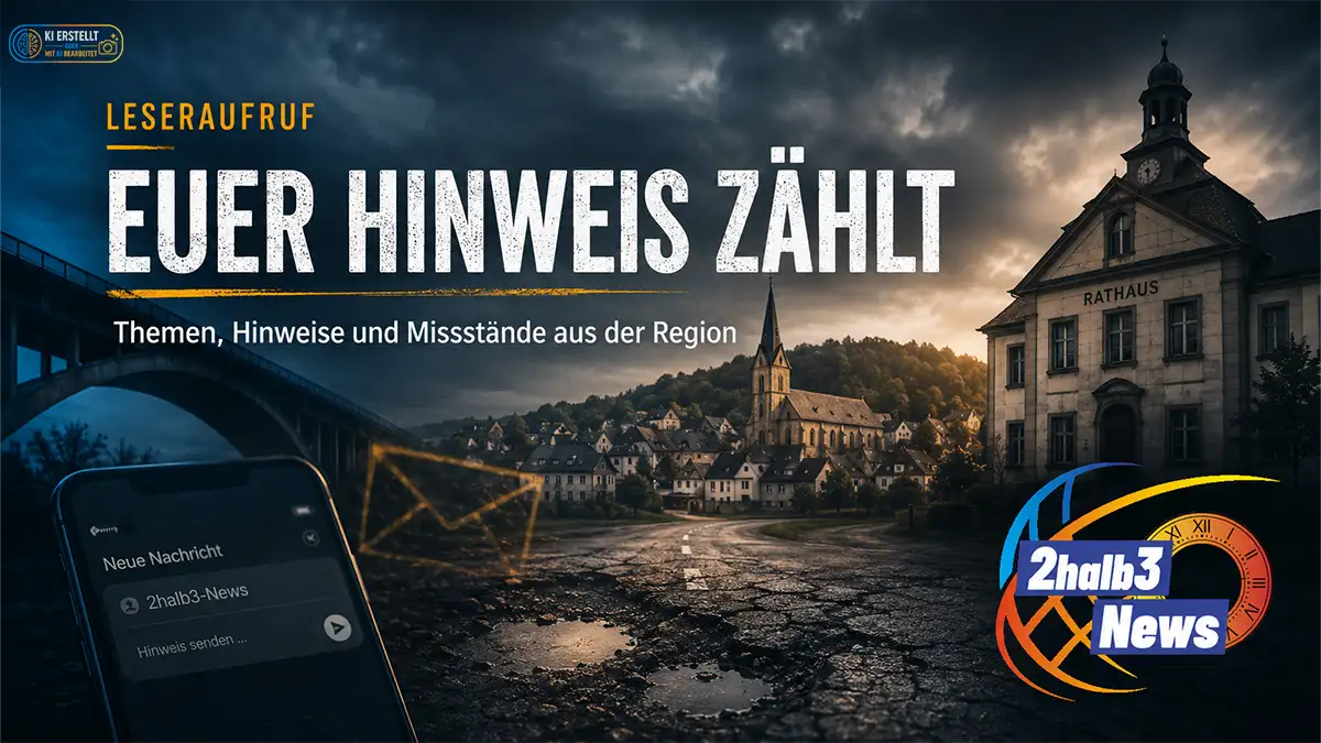 Teaserbild von 2halb3-News mit der Überschrift „Euer Hinweis zählt“. Zu sehen sind eine beschädigte Straße mit Schlaglöchern, ein Rathaus, eine Kirche, eine Brücke und ein Smartphone als Symbol für Leserhinweise aus der Region.