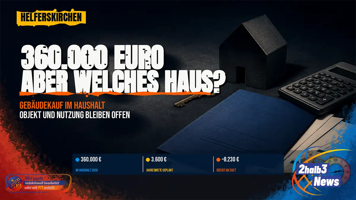 Symbolbild zum geplanten Gebäudekauf in Helferskirchen: Schwarzes Hausmodell, Schlüssel, Taschenrechner und Haushaltsunterlagen. Text: „360.000 Euro – aber welches Haus?“ Genannt werden 360.000 Euro im Haushalt 2026, 3.600 Euro geplante Jahresmiete und ein Defizit von 8.230 Euro ab 2027.