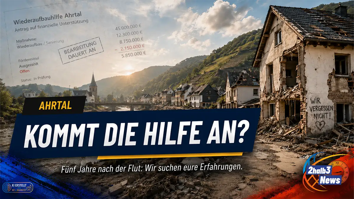 Blick auf ein beschädigtes Dorf im Ahrtal mit zerstörtem Haus, Flusslauf und Hügeln im Hintergrund. Im Vordergrund steht die Schlagzeile „Kommt die Hilfe an?“. Unten rechts ist das 2halb3-News-Logo zu sehen, ergänzt durch blaue und rot-orange Farbakzente.