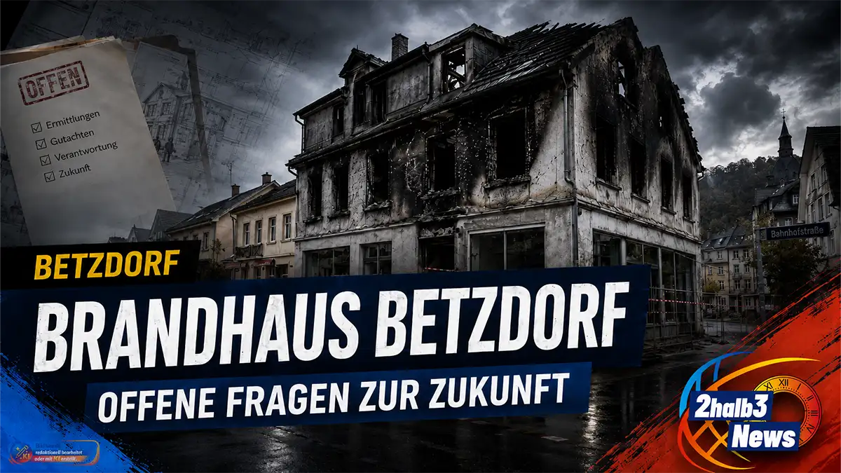 Ausgebranntes Gebäude in Betzdorf vor dunklem Himmel, ergänzt durch Aktenmotive, die Schlagzeile „Brandhaus Betzdorf – offene Fragen zur Zukunft“ und das Logo von 2halb3 News.