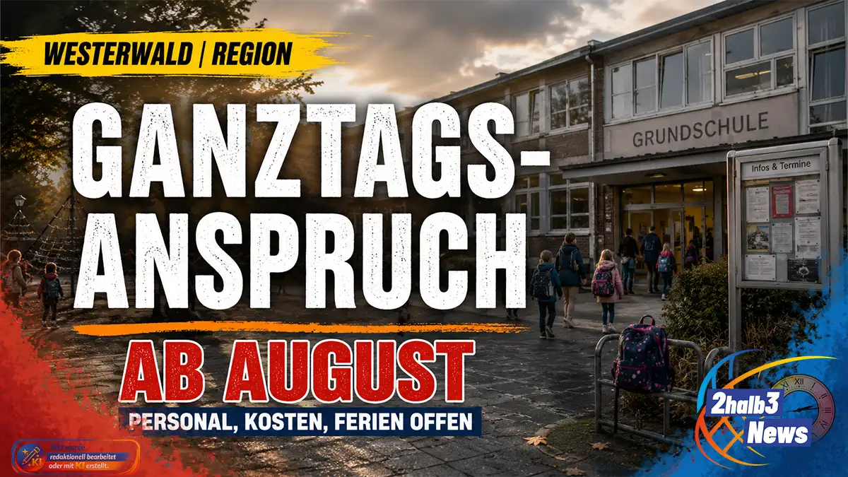 Grafik zum Ganztagsanspruch ab August 2026. Vor einer Grundschule laufen Kinder mit Schulranzen zum Eingang. Große Überschrift: „Ganztagsanspruch ab August“. Darunter steht: „Personal, Kosten, Ferien offen“. Gelbe Regionsmarkierung „Westerwald | Region“, blaue und rote Pinselakzente sowie KI-Hinweis am unteren Rand.