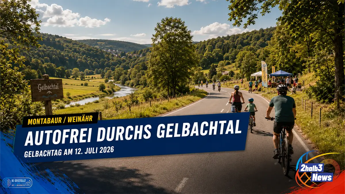 Gelbachtag 2026: Radfahrer fahren auf einer autofreien Landstraße durch das grüne Gelbachtal zwischen Montabaur und Weinähr. Im Hintergrund sind bewaldete Hügel, ein Bachlauf, Wiesen und ein kleiner Veranstaltungsbereich zu sehen. Darüber liegt ein blaues 2halb3-News-Banner mit der Aufschrift „Autofrei durchs Gelbachtal“.