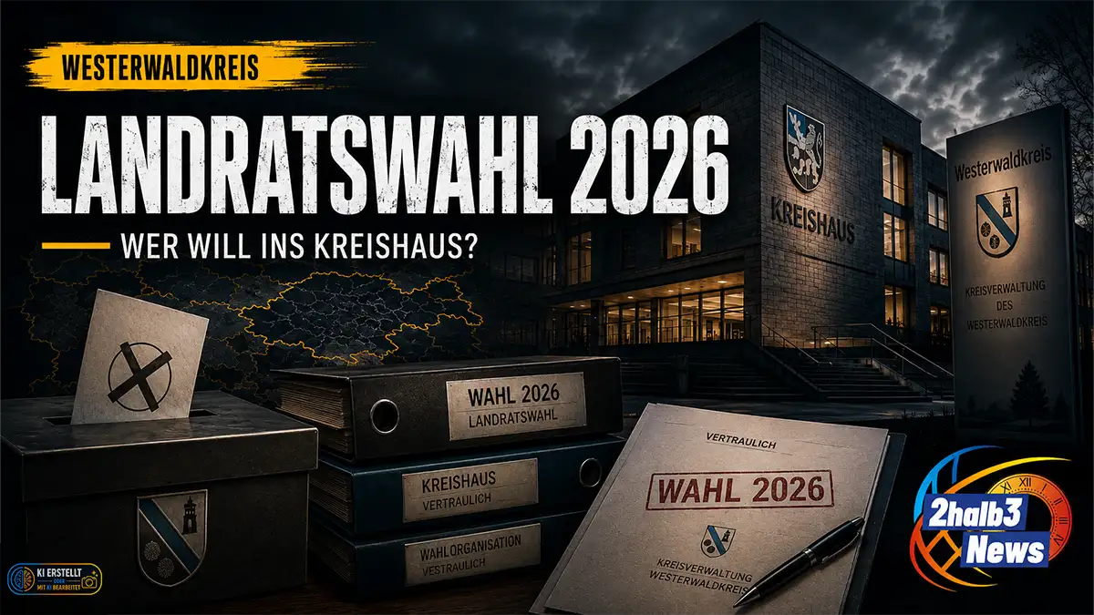 Dramatisches Teaserbild zur Landratswahl 2026 im Westerwaldkreis: Vor einem dunkel inszenierten Kreishaus liegen Wahlurne, Stimmzettel, Aktenordner und ein vertrauliches Dokument mit der Aufschrift „Wahl 2026“. Darüber steht groß „Landratswahl 2026 – Wer will ins Kreishaus?“. Unten rechts ist das 2halb3-News-Logo zu sehen. Es sind keine Personen oder Gesichter abgebildet.