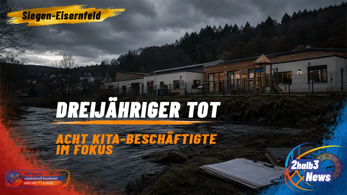 Dunkle Bildmontage einer Kita an der Sieg mit der Aufschrift „Dreijähriger tot – acht Kita-Beschäftigte im Fokus“.