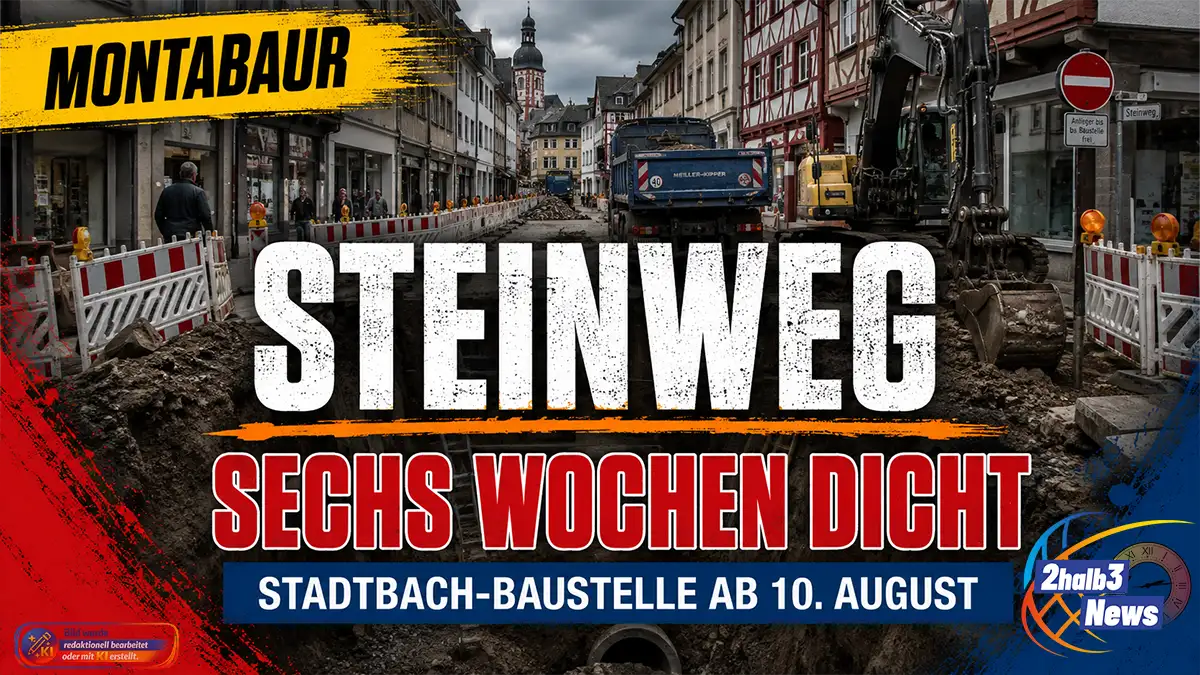 Baustellenszene im Steinweg in Montabaur mit aufgerissener Fahrbahn, Baugrube, Bagger, Lastwagen und Absperrungen. Darüber stehen die Schlagzeilen „Steinweg – sechs Wochen dicht“ und „Stadtbach-Baustelle ab 10. August“.