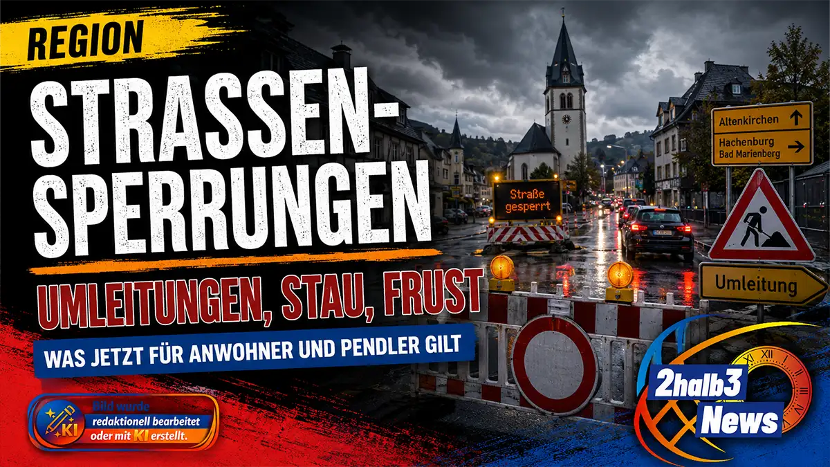 Dramatisch gestaltete 2halb3-News-Grafik zu regionalen Straßensperrungen. Im Hintergrund ist eine regennasse Ortsdurchfahrt mit dichtem Verkehr, roten Bremslichtern, Baustellenbaken und einer beleuchteten Anzeigetafel mit dem Hinweis „Straße gesperrt“ zu sehen. Eine große rot-weiße Absperrschranke mit Verbotsschild blockiert die Fahrbahn. Rechts weisen gelbe Verkehrsschilder auf Umleitungen in Richtung Altenkirchen, Hachenburg und Bad Marienberg hin. Über dem Motiv stehen in großer weißer Schrift „Straßensperrungen“ sowie in Rot „Umleitungen, Stau, Frust“. Darunter folgt der Hinweis „Was jetzt für Anwohner und Pendler gilt“. Unten befinden sich das offizielle 2halb3-News-Logo und der Hinweis, dass das Bild redaktionell bearbeitet oder mit KI erstellt wurde.