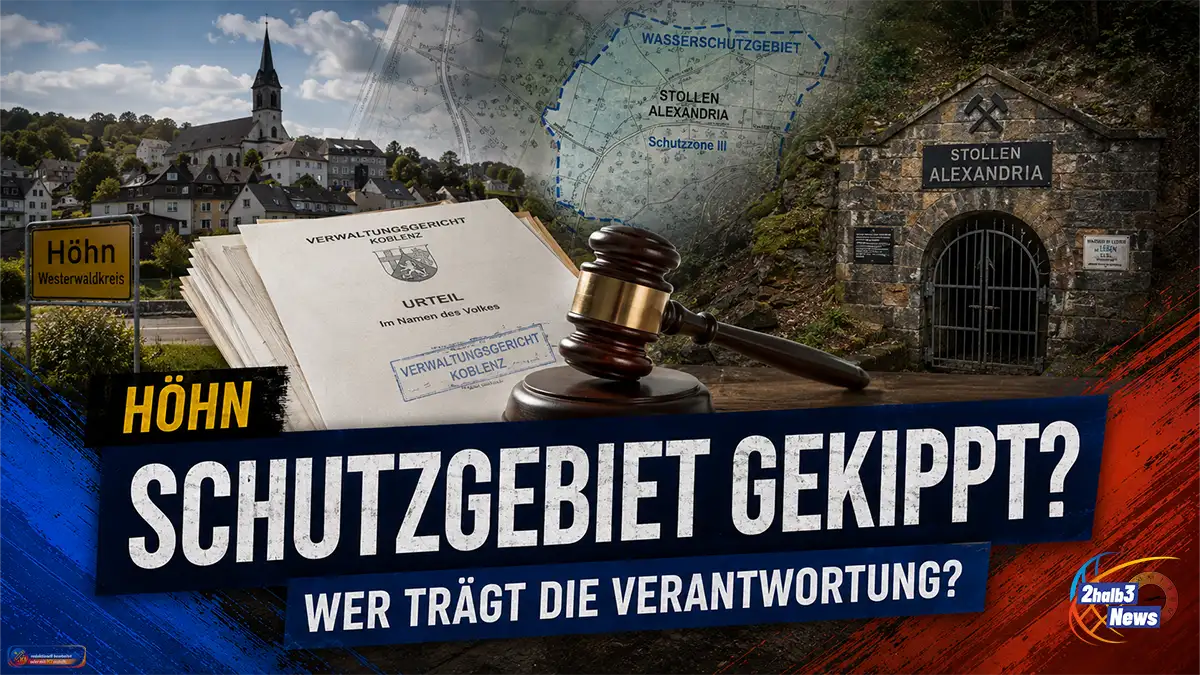 Teaserbild zum Wasserschutzgebiet Stollen Alexandria mit Dorfkulisse, Schutzgebietskarte, Gerichtsurteil, Akten und Richterhammer.