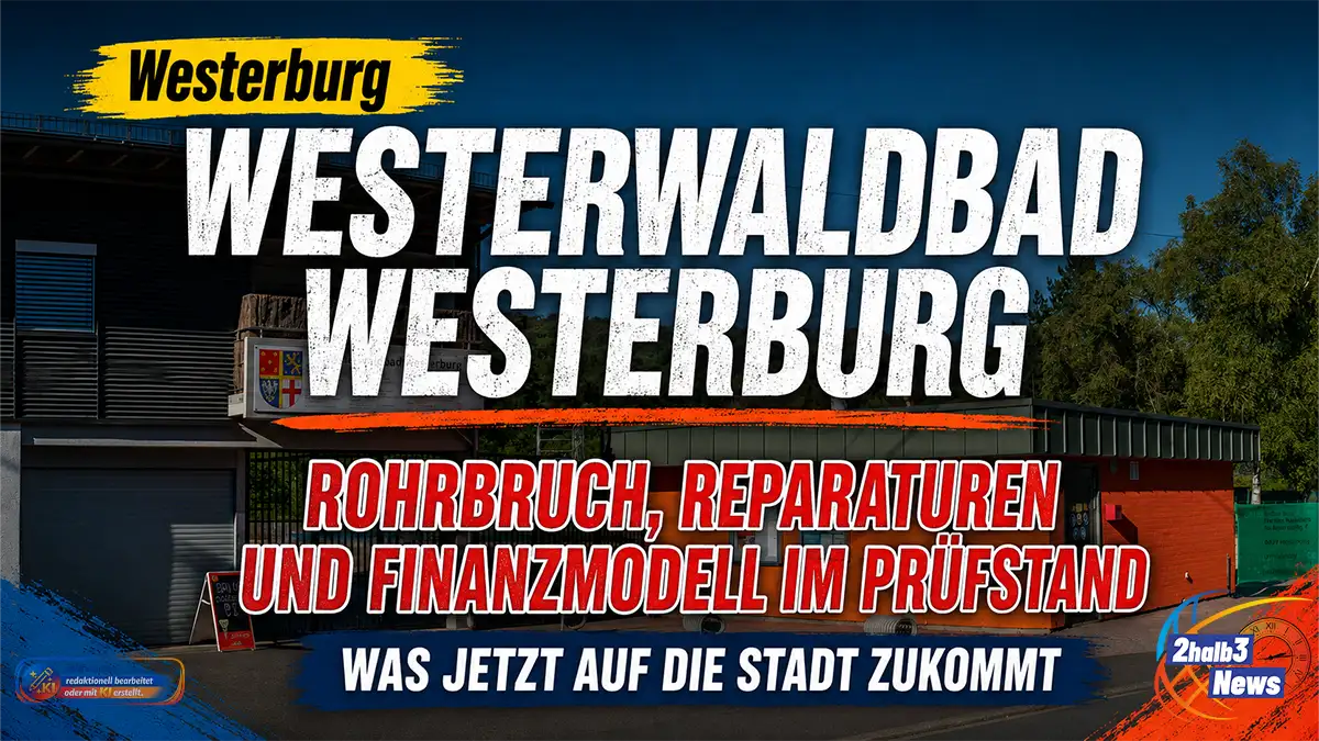 Grafik zum Westerwaldbad Westerburg vor dem Eingangsbereich des Freibads. Die Schlagzeile lautet: „Rohrbruch, Reparaturen und Finanzmodell im Prüfstand“. Darunter steht: „Was jetzt auf die Stadt zukommt“. Unten sind der redaktionelle KI-Hinweis und das Logo von 2halb3-News eingeblendet.