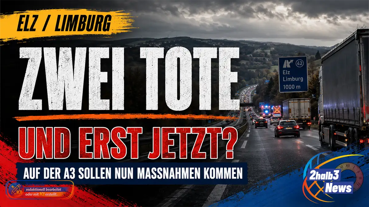 Dunkle A3 bei Elz und Limburg mit dichtem Verkehr, Lastwagen und Blaulicht im Hintergrund. Große Schlagzeile: „Zwei Tote – und erst jetzt?“