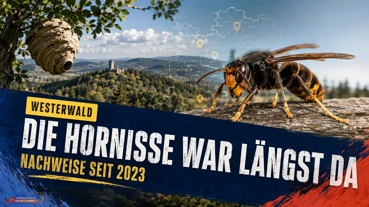 Asiatische Hornisse vor einer Westerwald-Kulisse. Die Grafik verweist auf bestätigte Nachweise seit 2023 und einen Fund in Westerburg 2024.