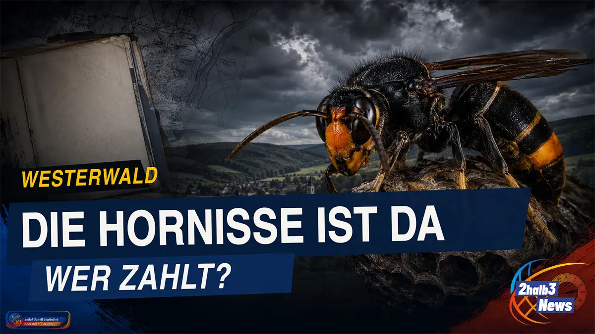 Asiatische Hornisse vor einer Westerwaldlandschaft mit der Frage: „Wer zahlt für die Entfernung?“