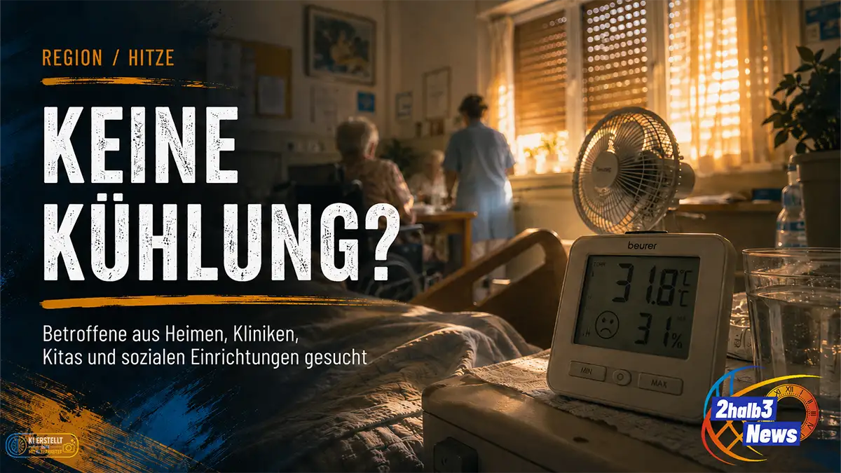 Ein überhitztes Pflegezimmer mit Ventilator, Wasser und Thermometer bei über 31 Grad. Dazu die Schlagzeile „Keine Kühlung?“ und der Aufruf an Betroffene aus Heimen, Kliniken, Kitas und sozialen Einrichtungen.