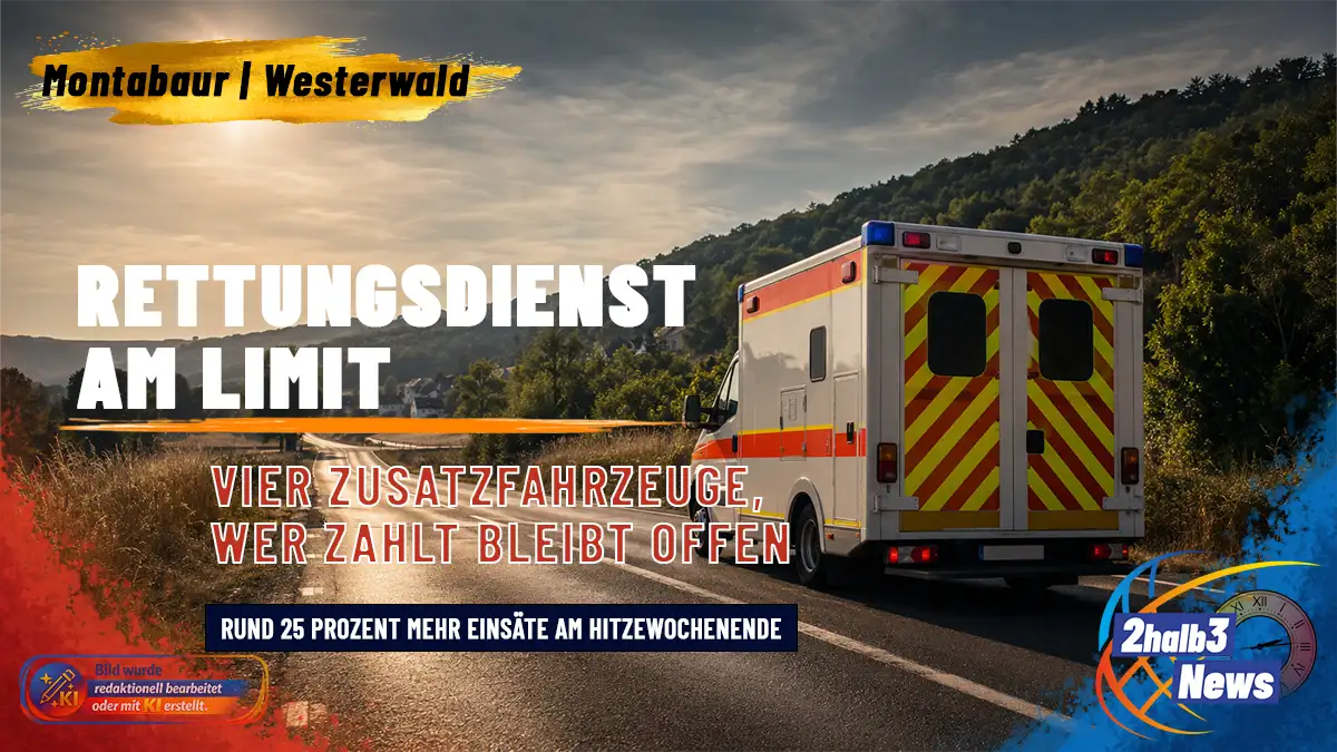 Rettungswagen auf einer Landstraße im Westerwald mit der Schlagzeile „Rettungsdienst am Limit“.