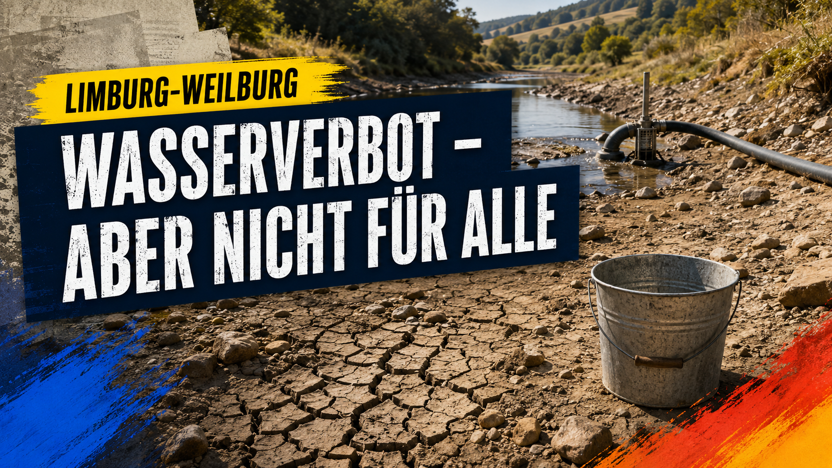 Ausgetrocknetes Bachbett mit Wassereimer und Pumpe im Landkreis Limburg-Weilburg.