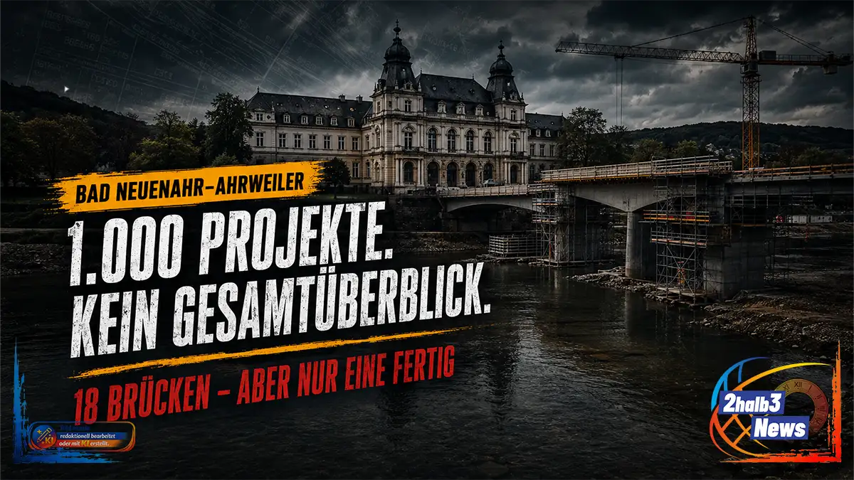 KI-generierte, dunkel gehaltene Illustration zum Wiederaufbau in Bad Neuenahr-Ahrweiler: An der Ahr stehen eine eingerüstete Brücke, ein Baukran und das Kurhaus. Darüber stehen der Ortsmarker „Bad Neuenahr-Ahrweiler“, die Schlagzeile „1.000 Projekte. Kein Gesamtüberblick.“ und die rote Zeile „18 Brücken – aber nur eine fertig“.
