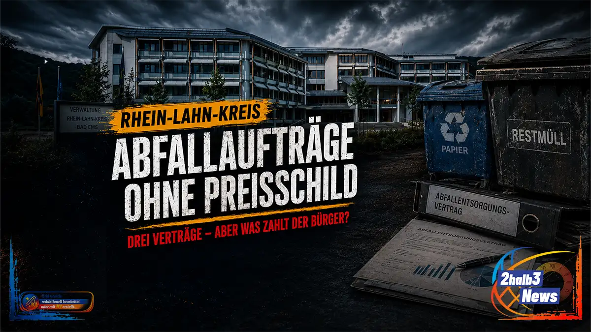 Dunkle 2halb3-Grafik zur Abfallwirtschaft im Rhein-Lahn-Kreis mit Kreishaus in Bad Ems, Müllcontainern und Vertragsunterlagen. Die Headline lautet „Abfallaufträge ohne Preisschild“, darunter die rote Zeile „Drei Verträge – aber was zahlt der Bürger?“.