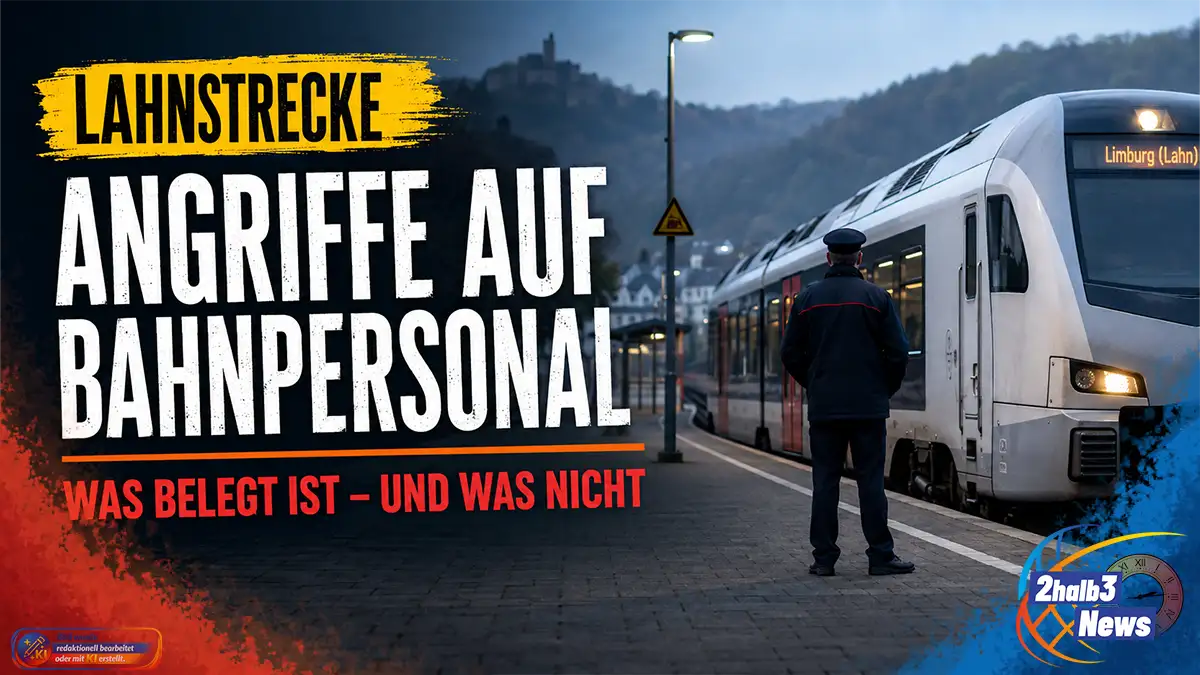 Symbolbild eines Bahnmitarbeiters am Bahnsteig vor einem Regionalzug. Im Bild steht: „Lahnstrecke – Angriffe auf Bahnpersonal – Was belegt ist und was nicht“.