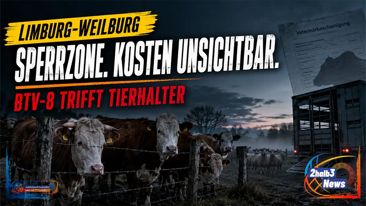 Dunkle, fotorealistische Montage zur BTV‑8-Sperrzone im Landkreis Limburg-Weilburg: Rinder und Schafe stehen vor einem Viehtransportanhänger unter dramatischem Abendhimmel. Darüber stehen Ortsbalken und die Texte „Sperrzone. Kosten unsichtbar.“ sowie „BTV‑8 trifft Tierhalter“.