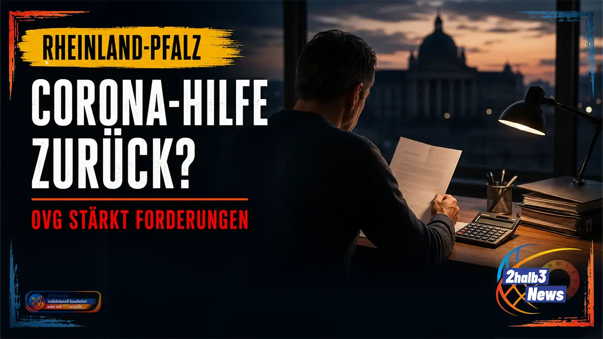 Dunkle, fotorealistische Grafik zu Corona-Soforthilfe-Rückforderungen in Rheinland-Pfalz. Links stehen auf gelbem Pinselbalken „RHEINLAND-PFALZ“, darunter groß in Weiß „CORONA-HILFE ZURÜCK?“ und in Rot „OVG STÄRKT FORDERUNGEN“. Rechts sitzt ein Mann von hinten an einem Schreibtisch, hält ein Schreiben in der Hand und blickt auf einen Taschenrechner. Im Hintergrund ist ein unscharfes Gerichtsgebäude bei Abendlicht zu sehen.