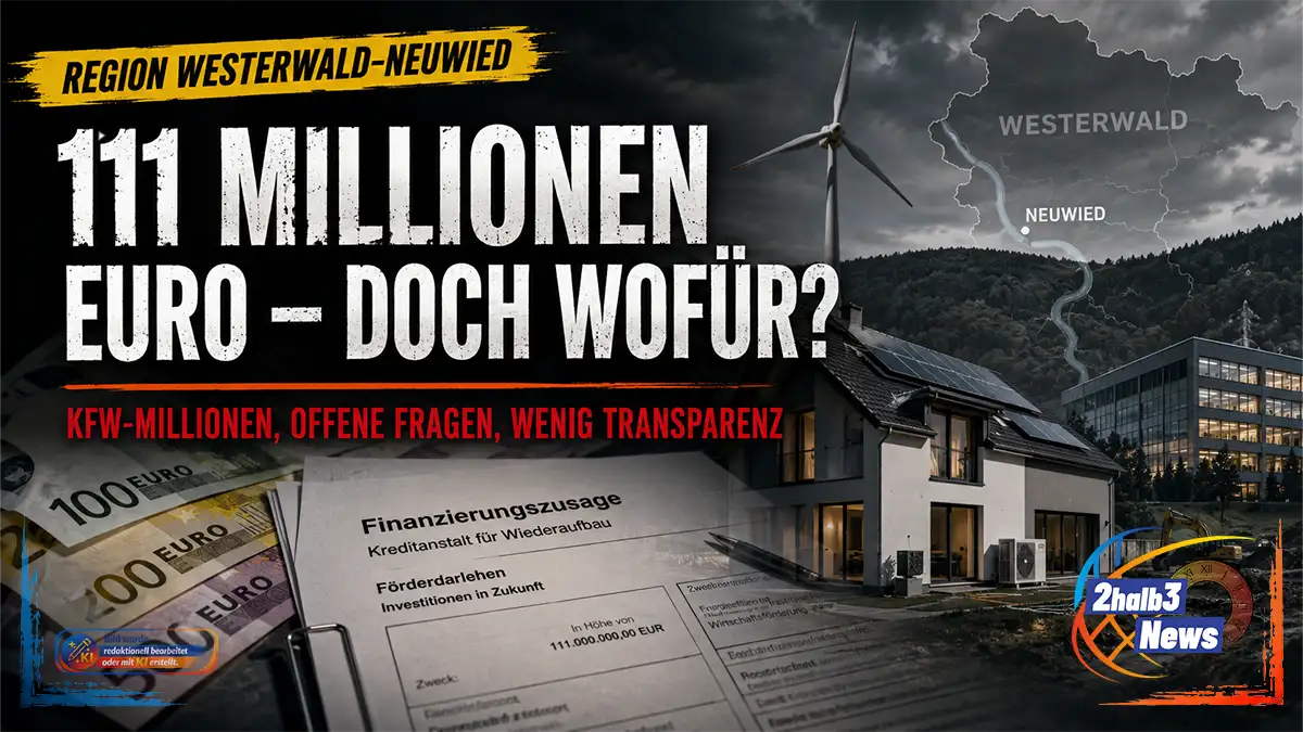 Investigative 2halb3-News-Grafik zu den KfW-Fördermitteln im Westerwaldkreis und Landkreis Neuwied. Im dunklen, dramatischen Hintergrund sind Euro-Banknoten, eine Finanzierungszusage der Kreditanstalt für Wiederaufbau, ein modernes Wohnhaus mit Photovoltaikanlage und Wärmepumpe, ein Windrad, ein Bürogebäude sowie eine stilisierte Karte der Region zu sehen. Darüber stehen der gelbe Ortsbalken „Region Westerwald–Neuwied“, die weiße Schlagzeile „111 Millionen Euro – doch wofür?“ und die rote Zeile „KfW-Millionen, offene Fragen, wenig Transparenz“.