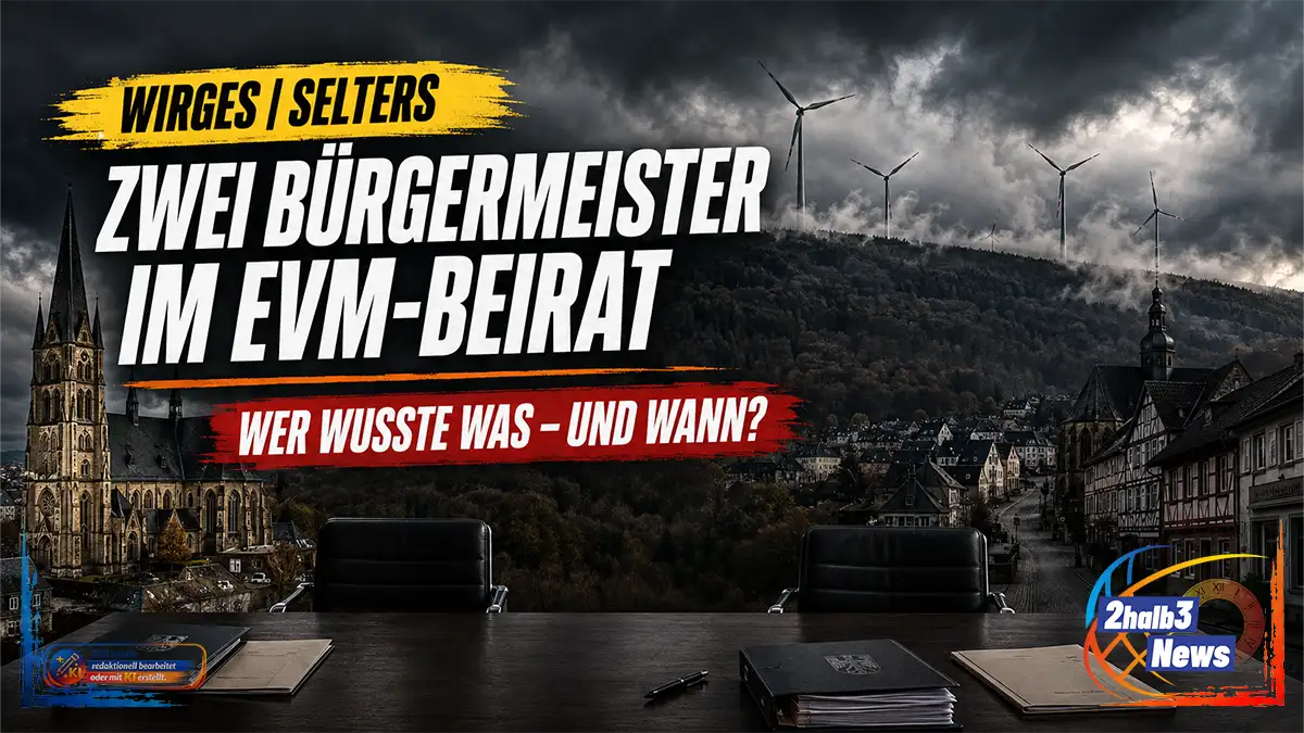 Dunkle KI-Fotomontage zum Windpark „Drei Eichen“: Über einem bewaldeten Westerwald-Höhenzug stehen mehrere Windenergieanlagen unter schweren Wolken. Ortsmotive aus Wirges und Selters sowie zwei leere Stühle an einem Besprechungstisch verweisen auf die kommunalpolitische Ebene. Ein gelber Ortsbalken trägt die Aufschrift „Wirges | Selters“. Die weiße Headline lautet „Zwei Bürgermeister im evm-Beirat“, darunter steht in Rot: „Wer wusste was – und wann?“