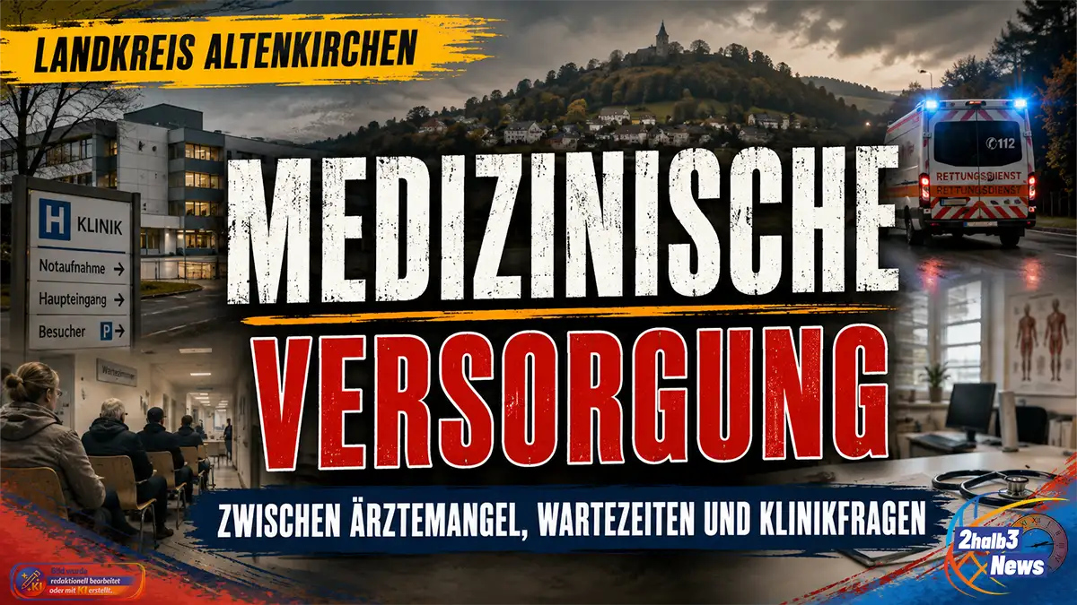 Symbolische Collage zur medizinischen Versorgung im Landkreis Altenkirchen mit Klinik, Rettungswagen, Wartezimmer und Arztpraxis. Im Mittelpunkt steht die Schlagzeile „Medizinische Versorgung“.