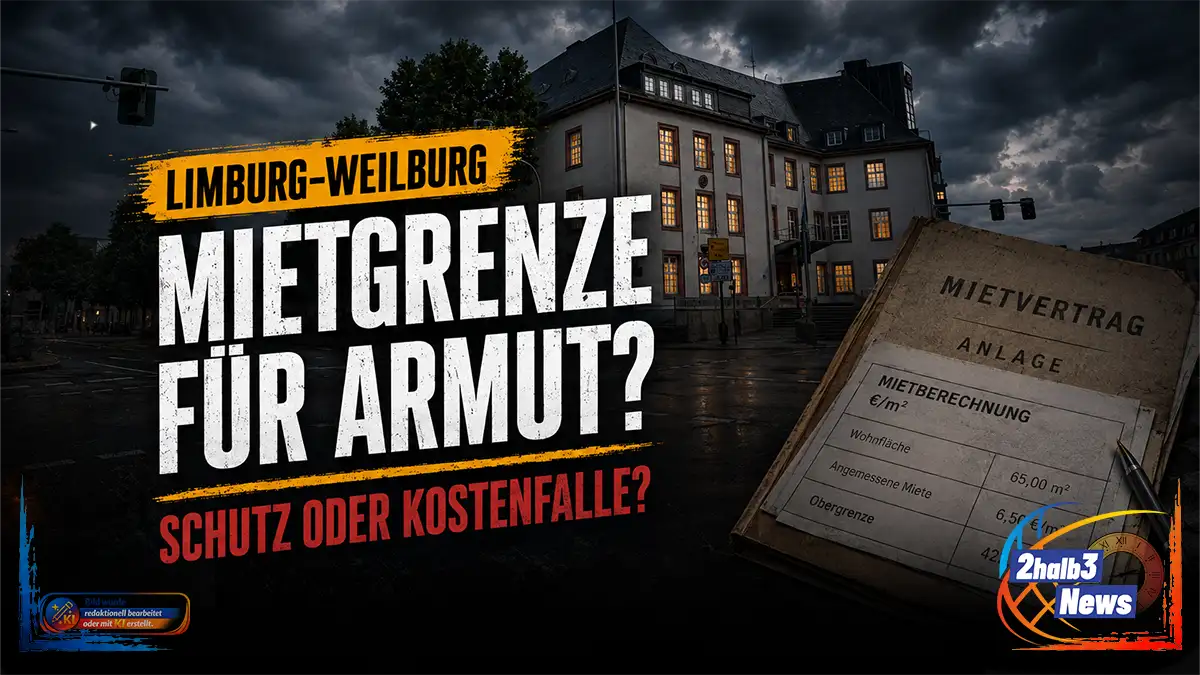 Dunkle Fotomontage des Limburger Kreishauses an einer regennassen Kreuzung bei Sturmwolken. Im Vordergrund liegen Mietunterlagen und eine Quadratmeterberechnung. Gelber Ortsmarker „Limburg-Weilburg“, weiße Headline „Mietgrenze für Armut?“ und rote Zeile „Schutz oder Kostenfalle?“.